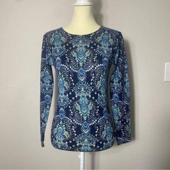 Garnet Hill 100% Merino Wool Blue Paisley Print Crewneck Sweater Women's Size S - Picture 8 of 15